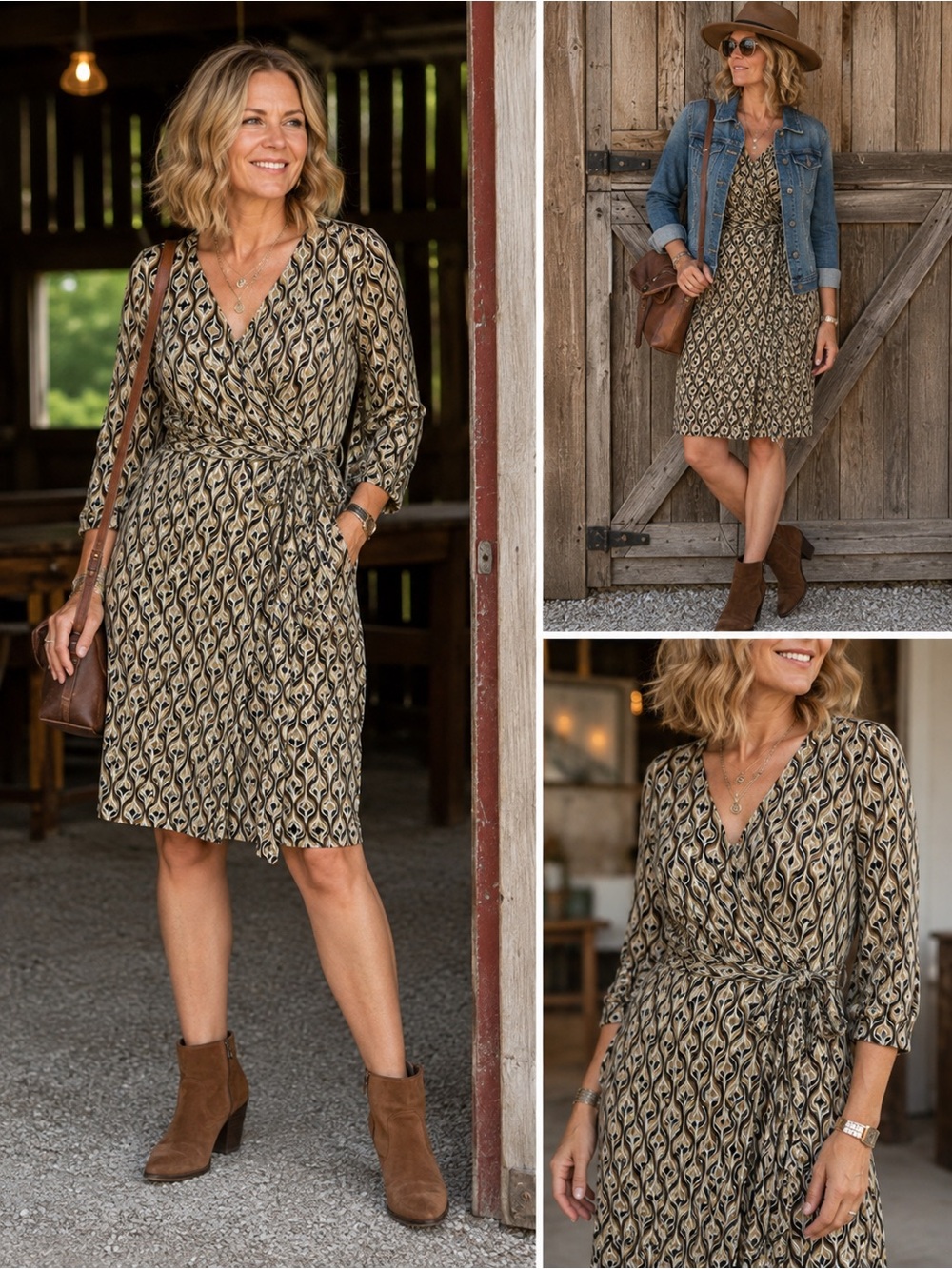 dressbarn Tan Black Printed Wrap Dress 14W Tie Boho Smart Casual Artsy Earthy